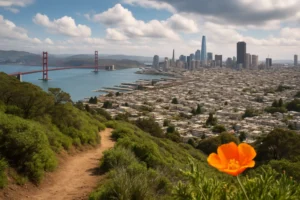 Bright orange flower in foreground with Golden Gate Bridge and San Francisco skyline.