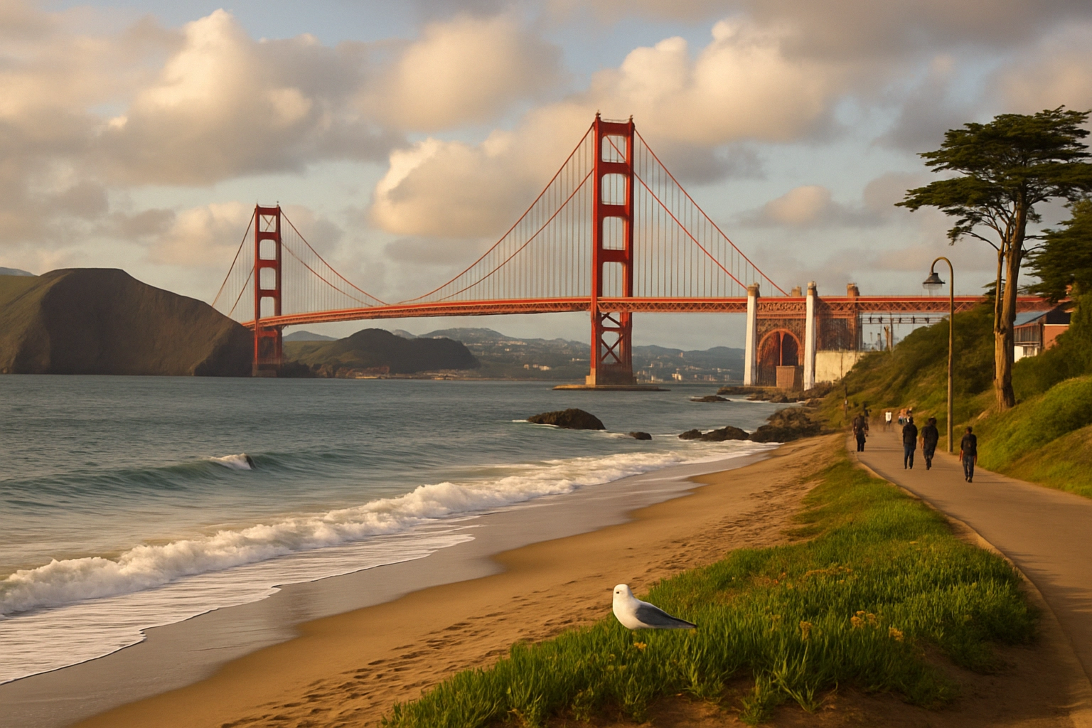 Goldene Gate Bridge im Hintergrund mit Strand, Wellen und Spaziergängern.