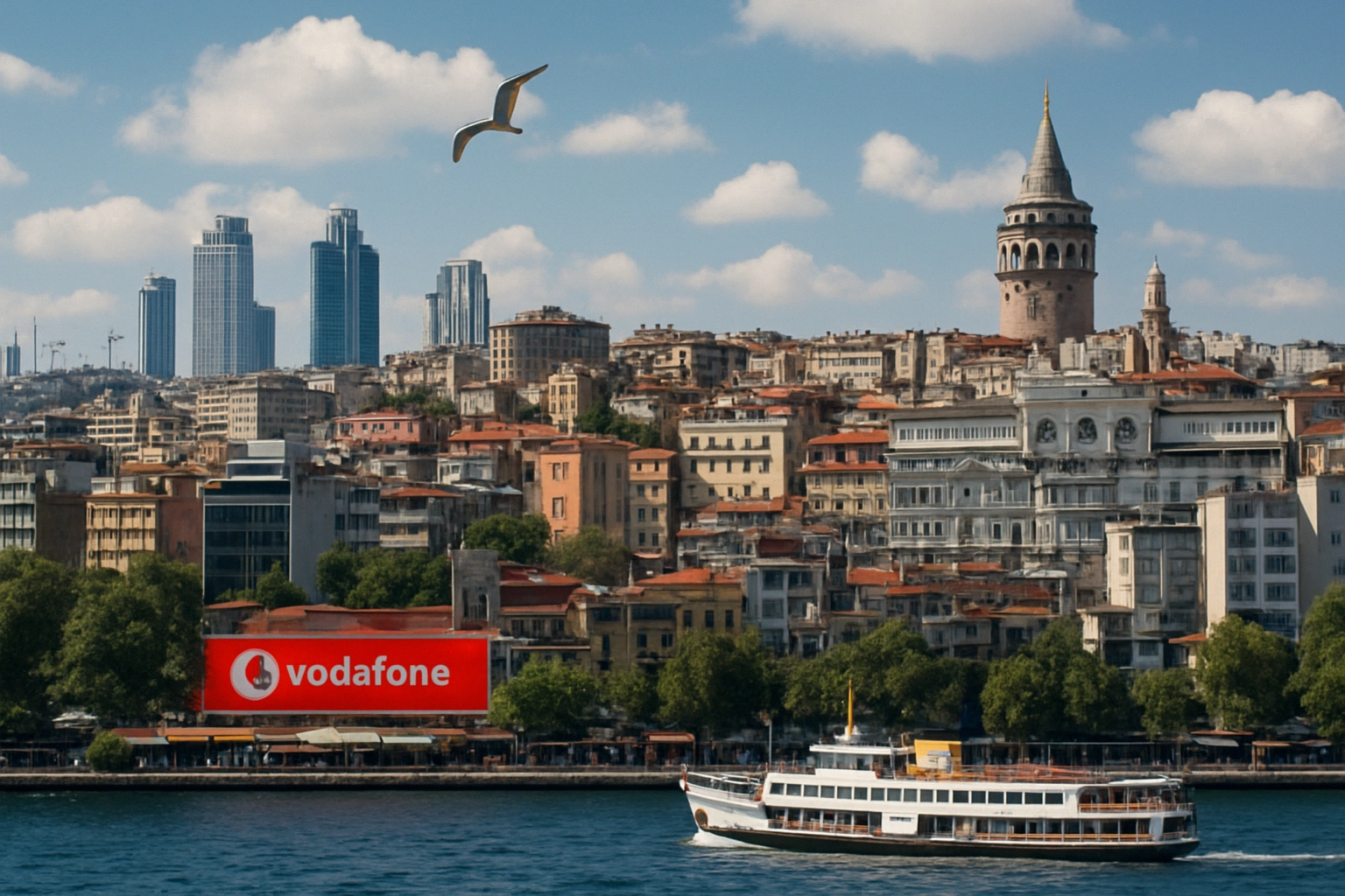 Vista del puerto de Estambul con un barco y la Torre de Galata al fondo.