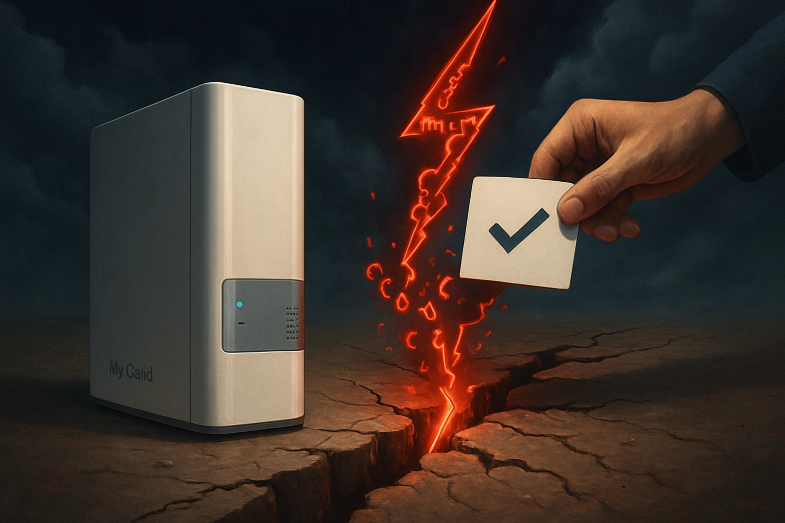 Actualización crítica para My Cloud: Western Digital corrige la vulnerabilidad CVE-2025-30247 con firmware 5.31.108 Dispositivo de almacenamiento con mano sosteniendo un papel en un fondo sombrío.