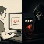 User on a computer left vs. a hooded figure on the right, symbolizing cybersecurity threats.