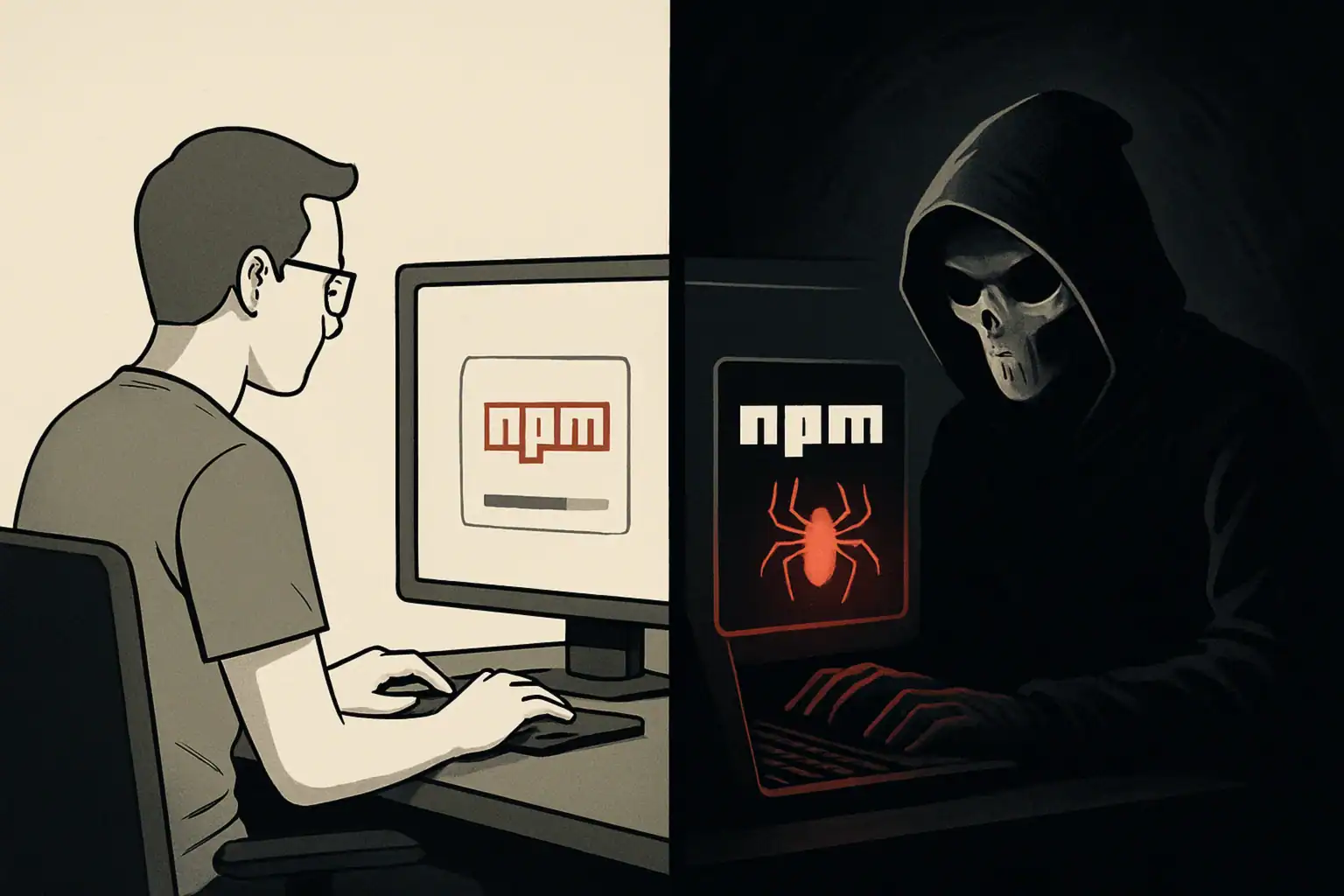 Человек за компьютером против теневого хакера в темной комнате.