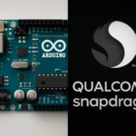 Arduino board on the left, Qualcomm Snapdragon logo on the right against a dark background.