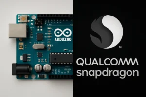 Qualcomm to Acquire Arduino: Implications for IoT, Edge AI, and Cybersecurity Arduino board on the left, Qualcomm Snapdragon logo on the right against a dark background.