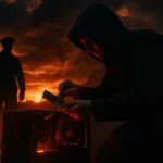 Silhouette eines Mannes im Hintergrund, während ein anderer vorsichtig eine Box untersucht.