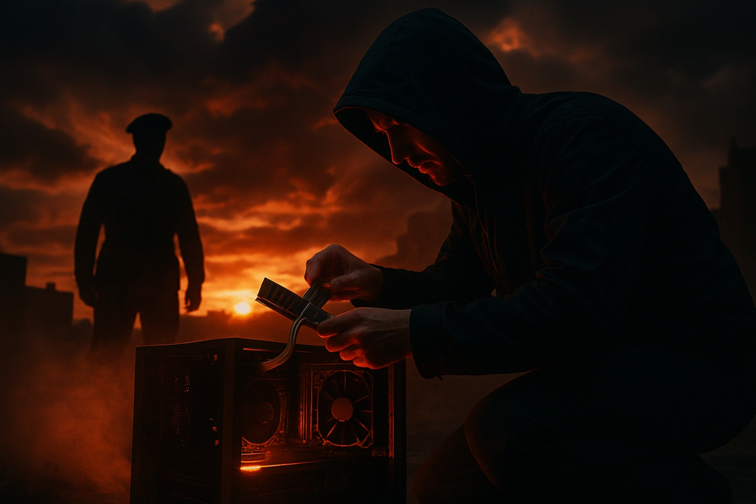 Battering RAM: el ataque de hardware que desafía el confidential computing de Intel SGX y AMD SEV‑SNP Hombre con capucha trabajando en un ordenador mientras una figura oscura lo observa.