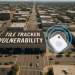 Aerial view of a city street with "Tile Tracker Vulnerability" on a building roof.