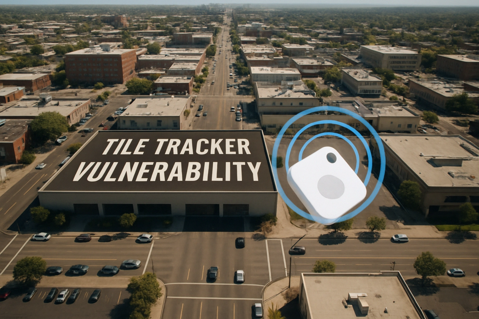 Luftaufnahme einer Stadt mit dem Schriftzug „Tile Tracker Vulnerability“.