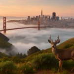Deer stands on lush hillside with San Francisco skyline in the background at sunrise.