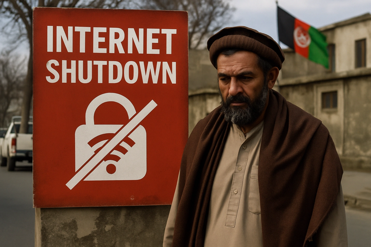 Mann steht neben einem Schild mit der Aufschrift "INTERNET SHUTDOWN".