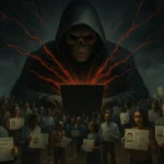 Prosper Data Breach: SSNs Exposed and 17.6M Emails Listed by HIBP Hooded figure with a skull looming over an anxious crowd holding ID cards.