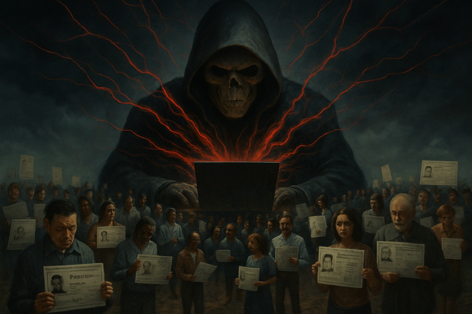 Hooded figure with a skull looming over an anxious crowd holding ID cards.