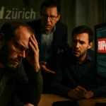 Three men react anxiously to a computer screen displaying “RMPocalypse.”
