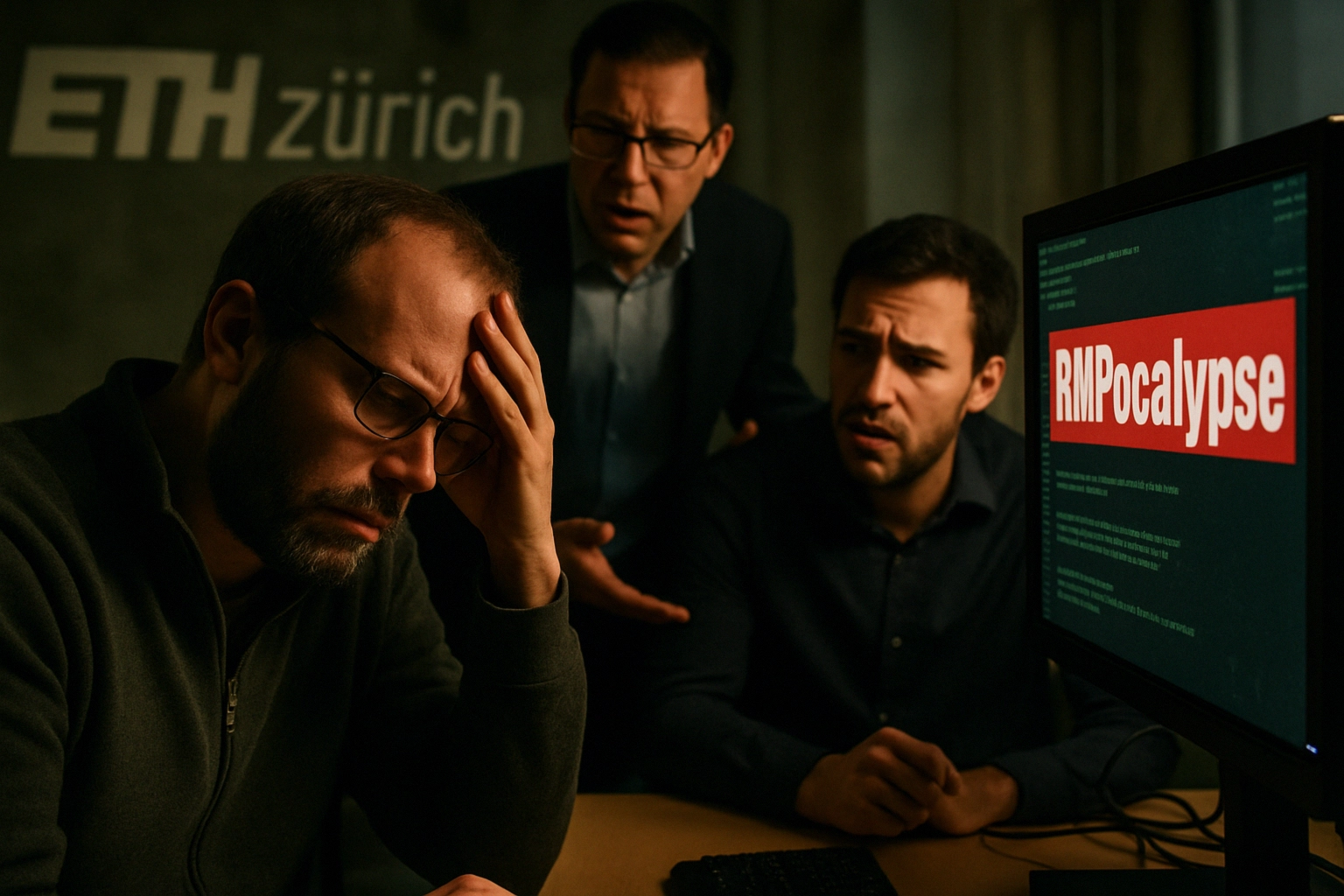 RMPocalypse (CVE-2025-0033): AMD corrige una falla que compromete SEV‑SNP ** Grupo de empleados preocupados frente a un ordenador en un entorno de oficinas.