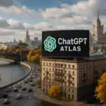 Großes Werbeplakat für ChatGPT ATLAS über einer Stadtansicht mit Fluss.