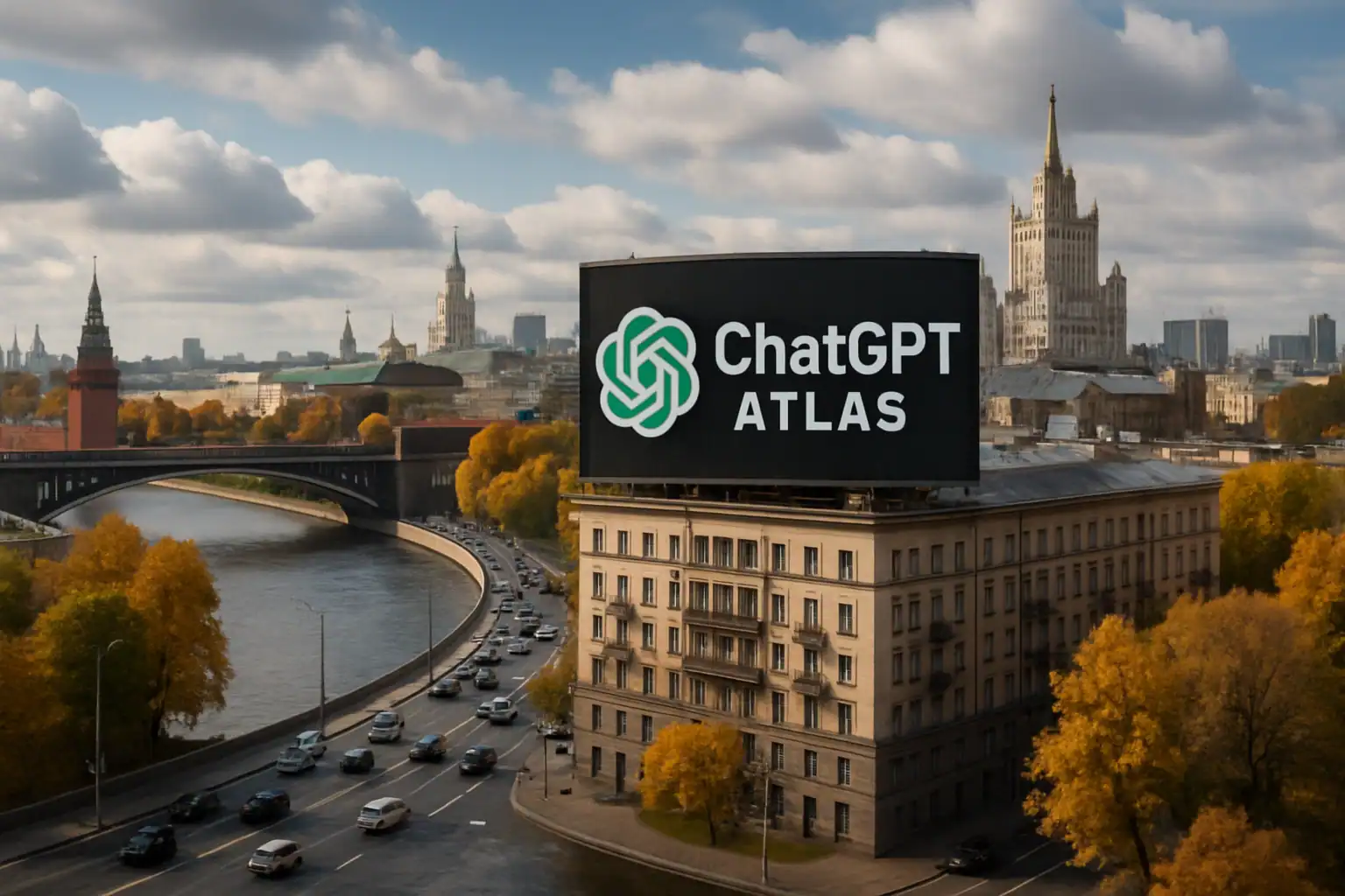 Рекламный щит с логотипом ChatGPT в городской панораме осени.