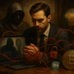 Мужчина в костюме с огорченным выражением лица, окруженный проводами.