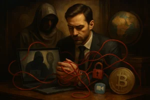 Geschäftsmann mit Kabeln, die von Laptop zu Bitcoin und Videosymbol führen.