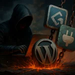 Hooded figure at a laptop with WordPress and plugin icons against a dark backdrop.