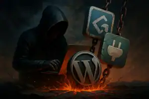 Silueta de un hacker frente a una computadora con el logo de WordPress.
