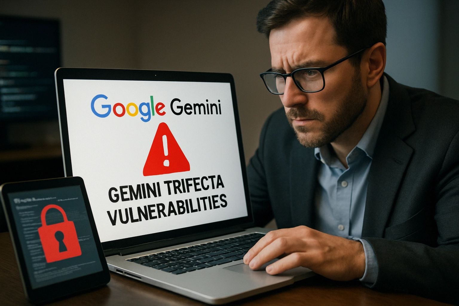 Gemini Trifecta: Prompt-Injection Vulnerabilities in Google’s Gemini and What They Mean for LLM Security Man worriedly analyzing Google Gemini vulnerabilities on a laptop screen.