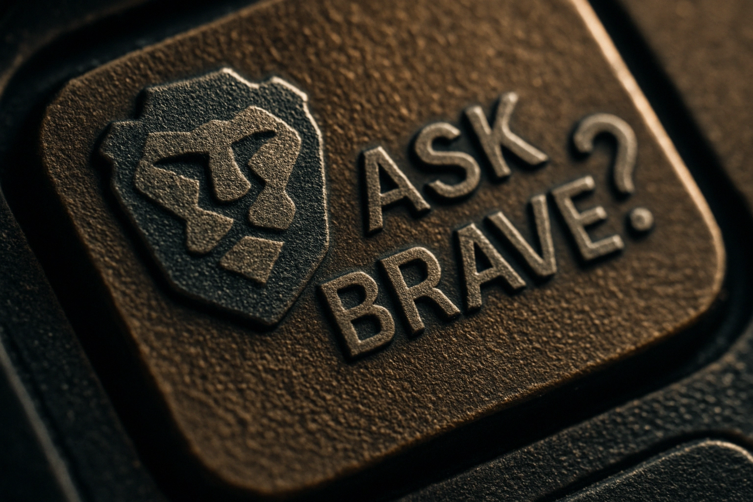 Logo de "Ask Brave" con un león en relieve sobre fondo oscuro.