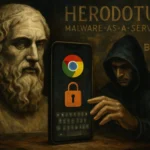 Artwork featuring a statue and a hooded figure interacting with a smartphone.