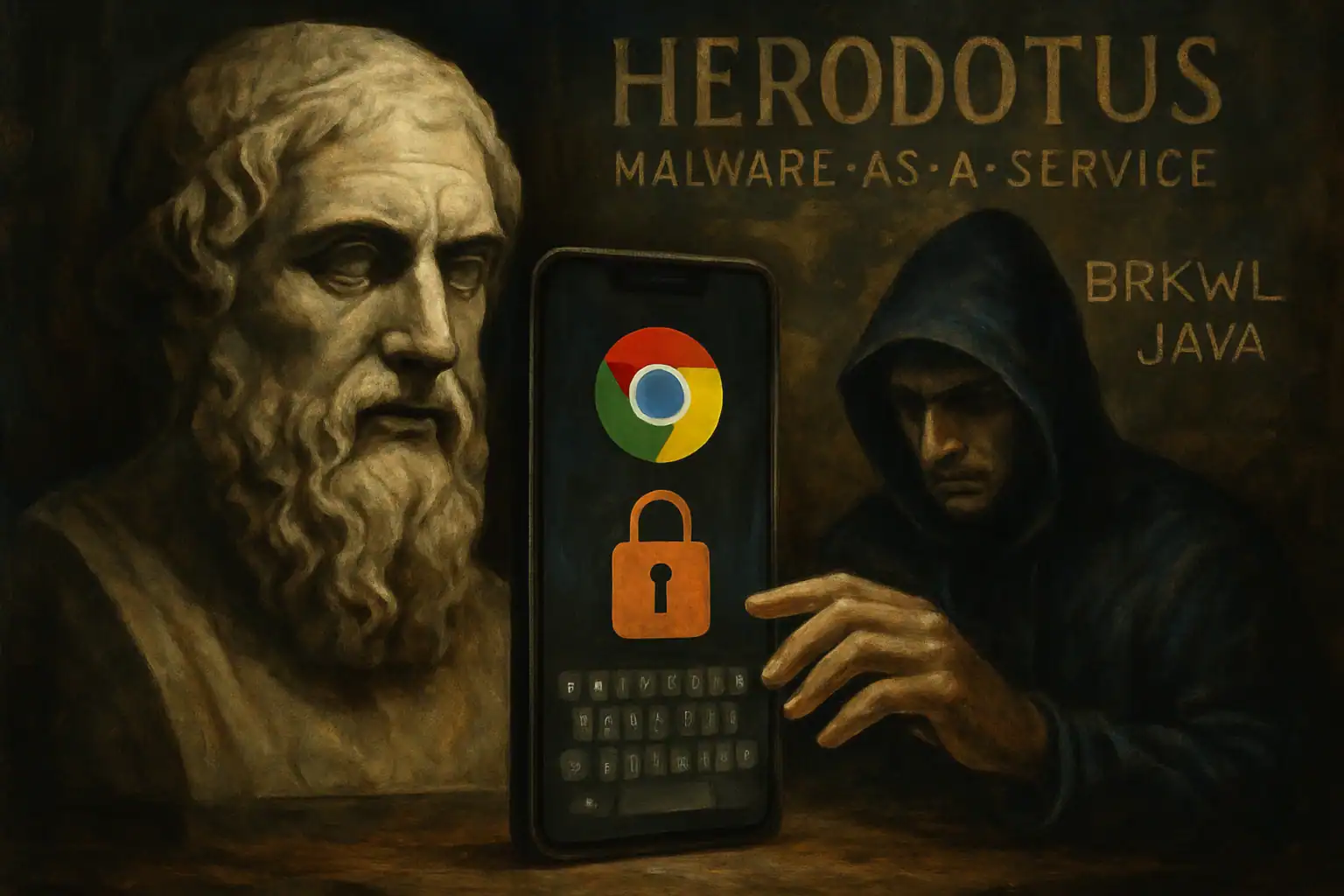 Статуя, смартфон с символом блокировки и фигура в капюшоне.