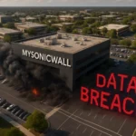 A building with smoke billowing and "DATA BREACH" displayed prominently outside.