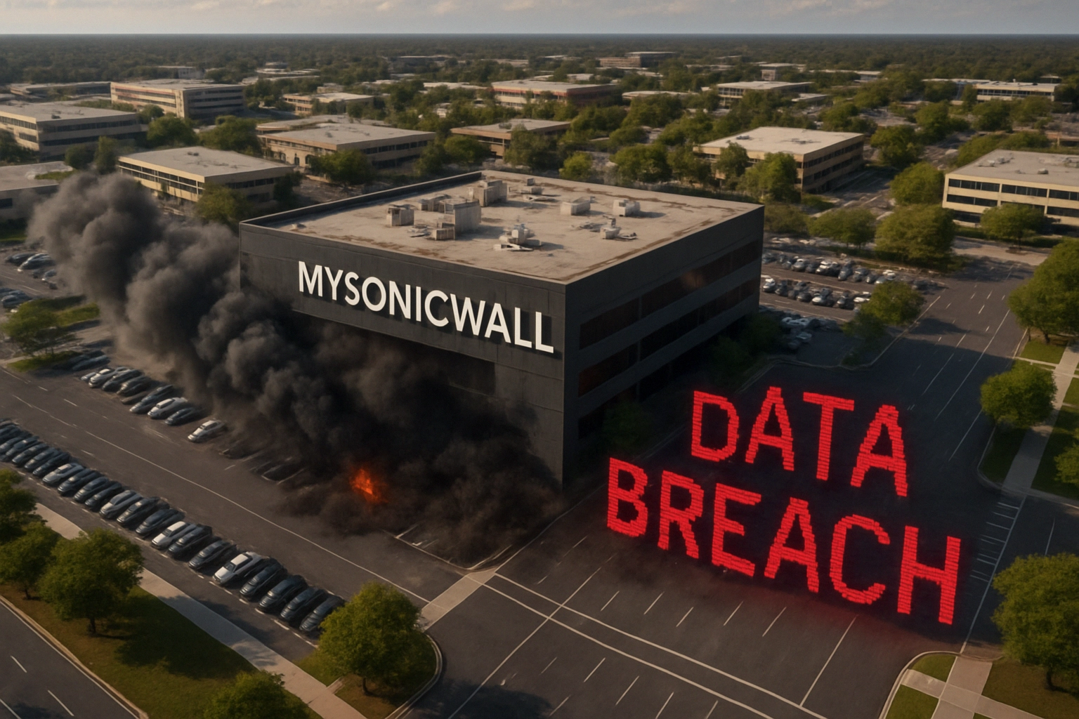 SonicWall confirma acceso no autorizado a copias de seguridad en la nube: impacto, riesgos y medidas de mitigación ** Nube de humo negro y fuego cerca de un edificio con la palabra "DATA BREACH".