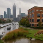 Urban scene featuring wildlife near Georgia Tech with a city skyline backdrop.