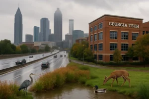 Urban scene featuring wildlife near Georgia Tech with a city skyline backdrop.