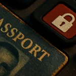 Nahaufnahme eines Reisepasses neben einer Tastatur mit einem Sicherheitssymbol.