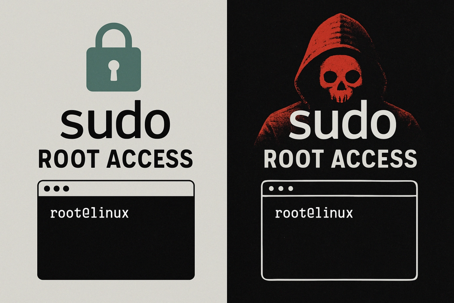 Diseño dividido que representa el acceso root en Linux con contrastes visuales.