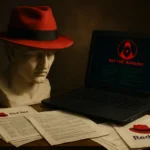 Rotes Hut mit schwarzem Band neben Laptop und Dokumenten auf einem Holztisch.