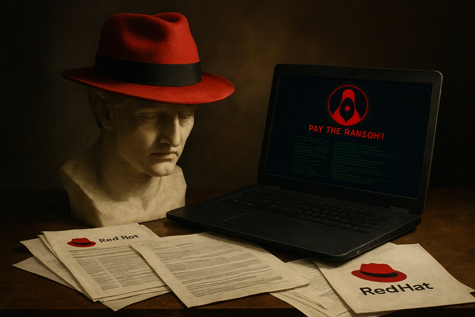 Filtración en Red Hat: GitLab comprometido, CER expuestos y extorsión EaaS en marcha ** Bust de mármol con sombrero rojo junto a laptop y documentos de Red Hat.