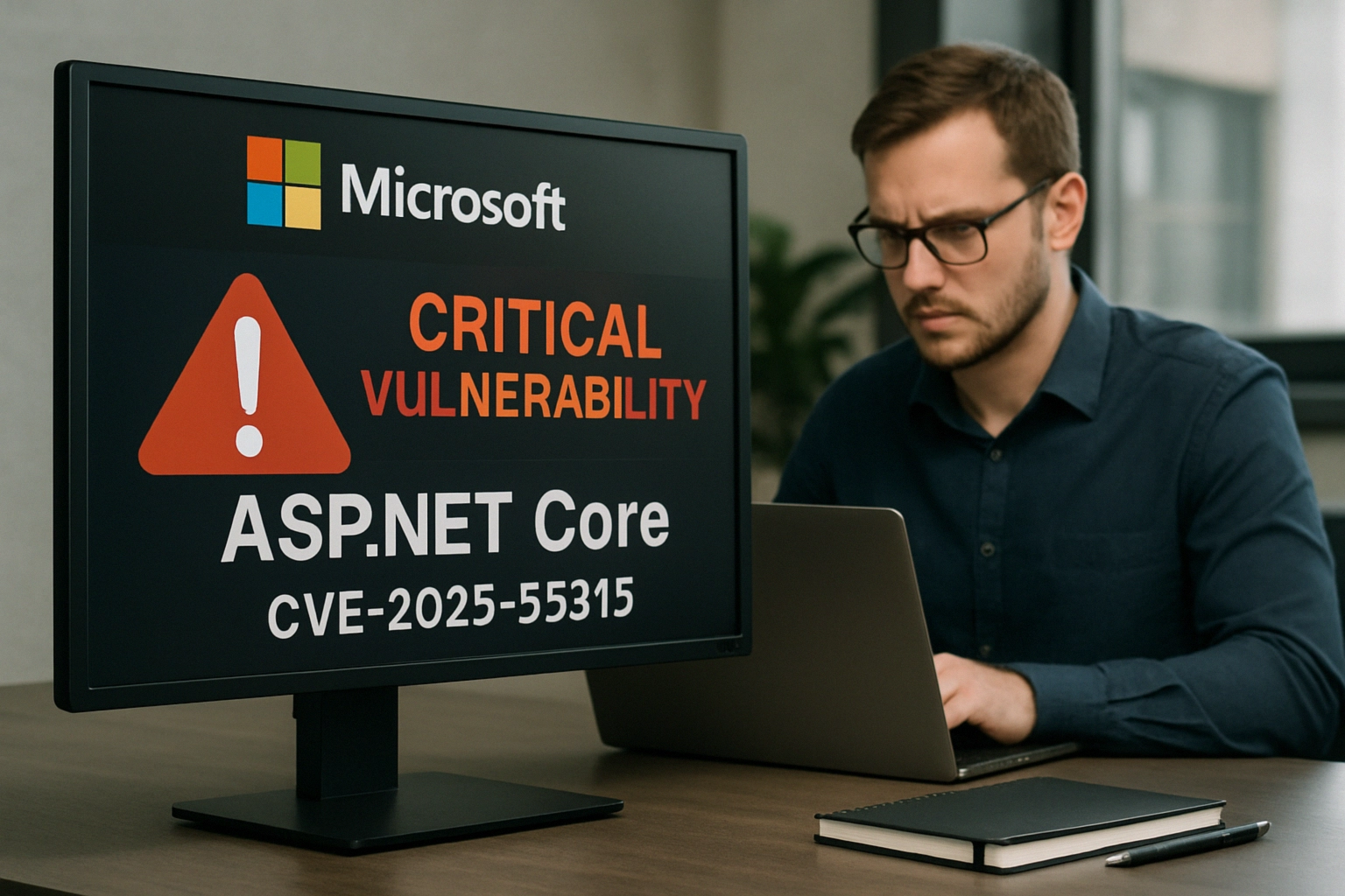 Hombre preocupado frente a una pantalla que alerta sobre una vulnerabilidad crítica.