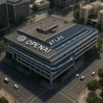 Edificio con cartel de OpenAI y texto 'ATLAS' en el techo.