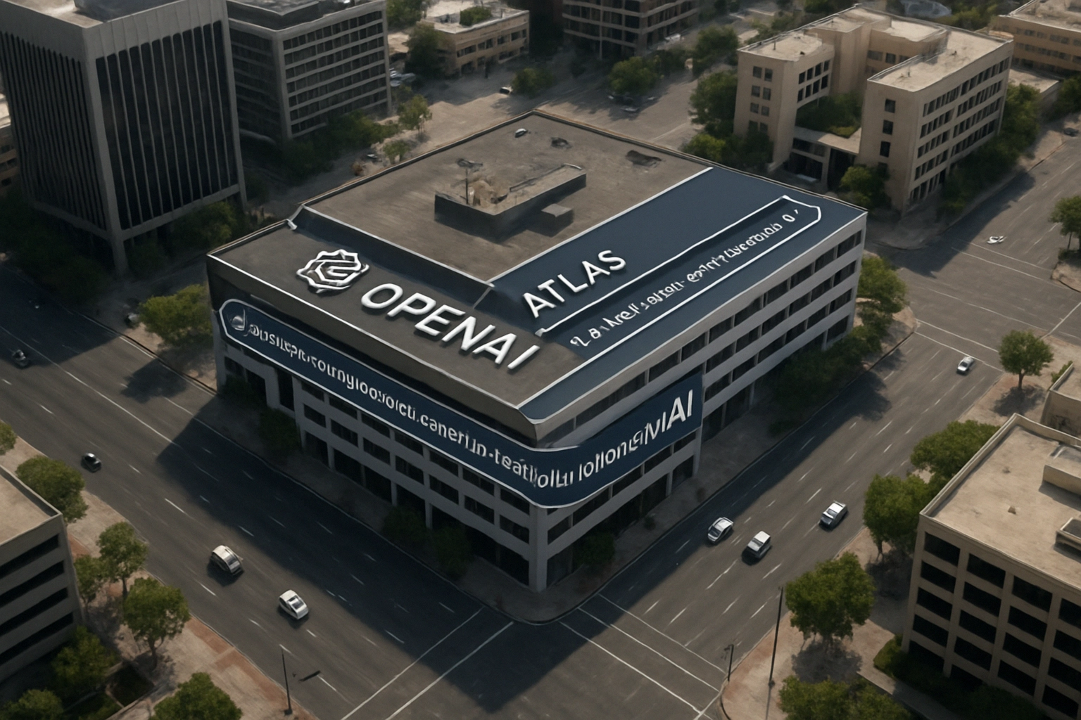 Aerial view of a modern building featuring "OPENAI ATLAS" signage.