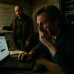 Two men in a tense moment; one anxiously using a laptop, the other observing.