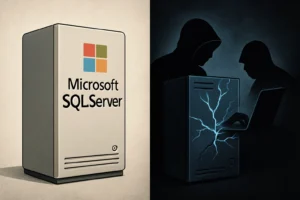 SQL Server cabinet contrasted with shadowy figures hacking into it.