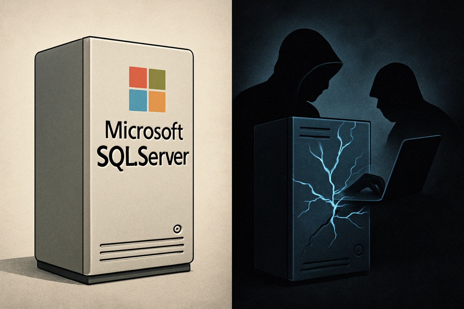 Servidor SQL de Microsoft junto a un hacker en acción con computadora.