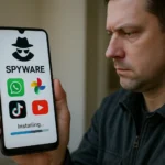Man looks concerned as he holds a phone displaying a spyware installation screen.