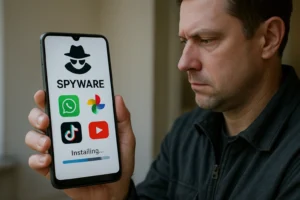 ClayRat Android Spyware Targets Russian Users with Telegram Channels and Fake Play Pages Man looks concerned as he holds a phone displaying a spyware installation screen.