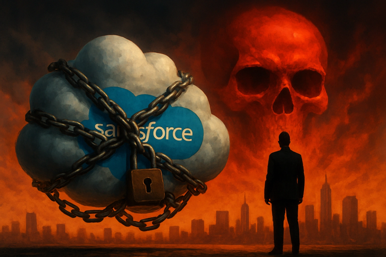 Salesforce se niega a pagar rescate ante campaña de exfiltración basada en OAuth Nube de Salesforce encadenada con un fondo oscuro y una figura sombría.