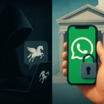 US Court Bans NSO Group From Targeting WhatsApp, Orders Data Deletion, Cuts Damages to $4M Split scene shows a hacker on one side and secure messaging on the other.