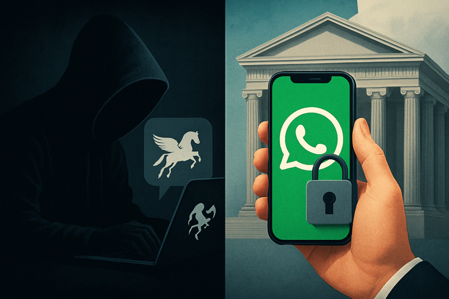 Hacker en la sombra con un laptop y una mano sosteniendo un móvil seguro.