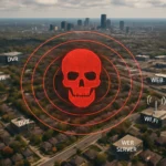 Aerial view of a city landscape with red skull icon and tech labels.