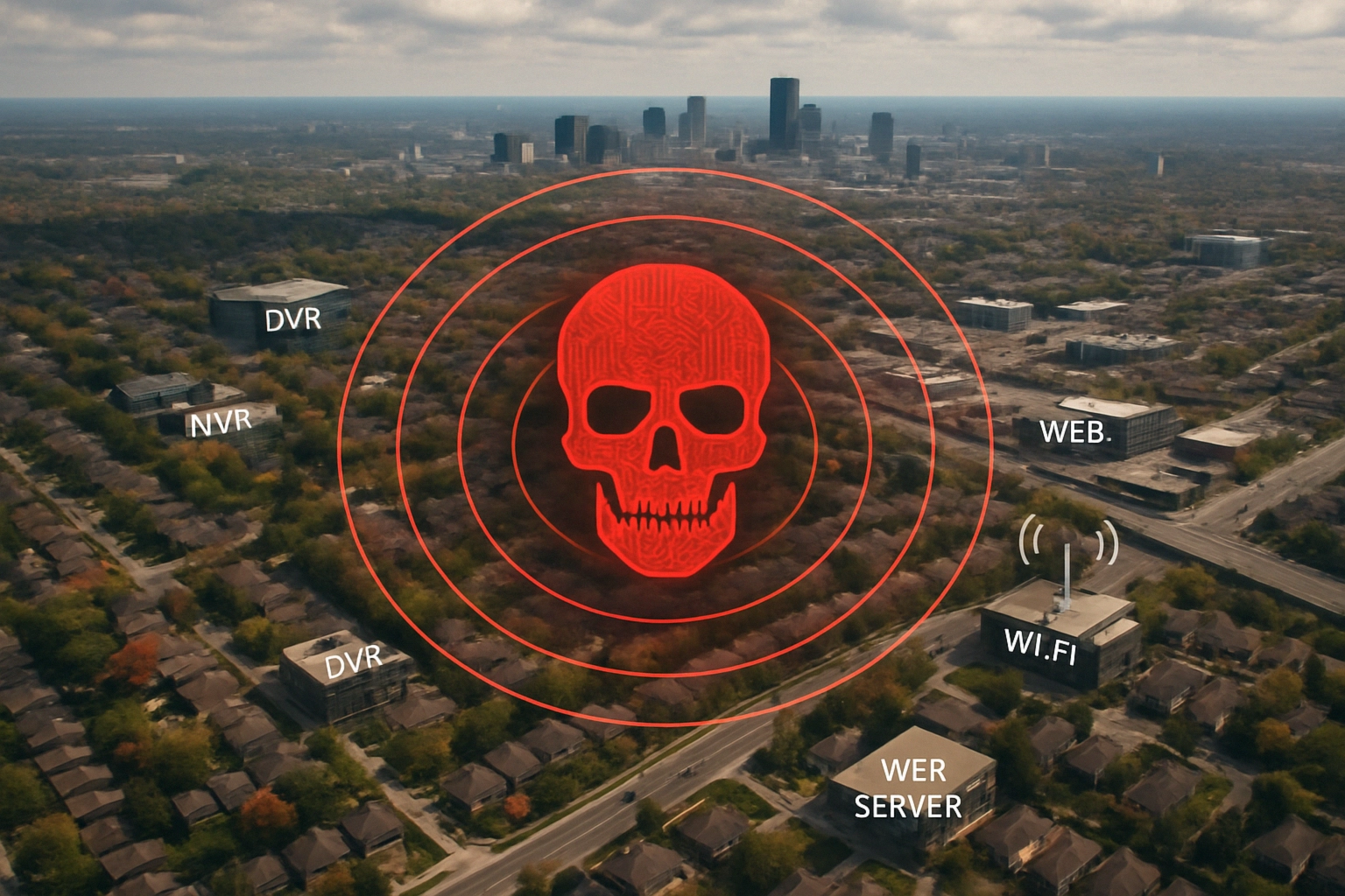 RondoDox Botnet Targets Internet-Exposed IoT with Pwn2Own Techniques and n-day Exploits Aerial view of a city landscape with red skull icon and tech labels.