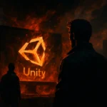 Figure silhouetted against a fiery Unity logo in a dark, dramatic setting.